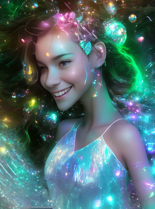 Smiling Woman with Radiant Skin in Cosmic Aura