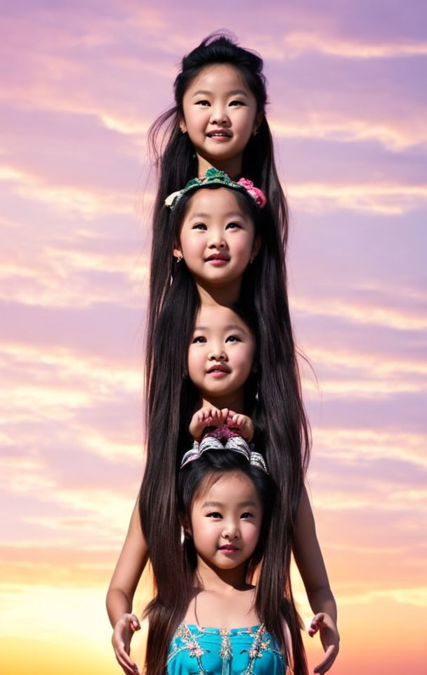 Four girls in playful totem-pole formation under vibrant sunset.