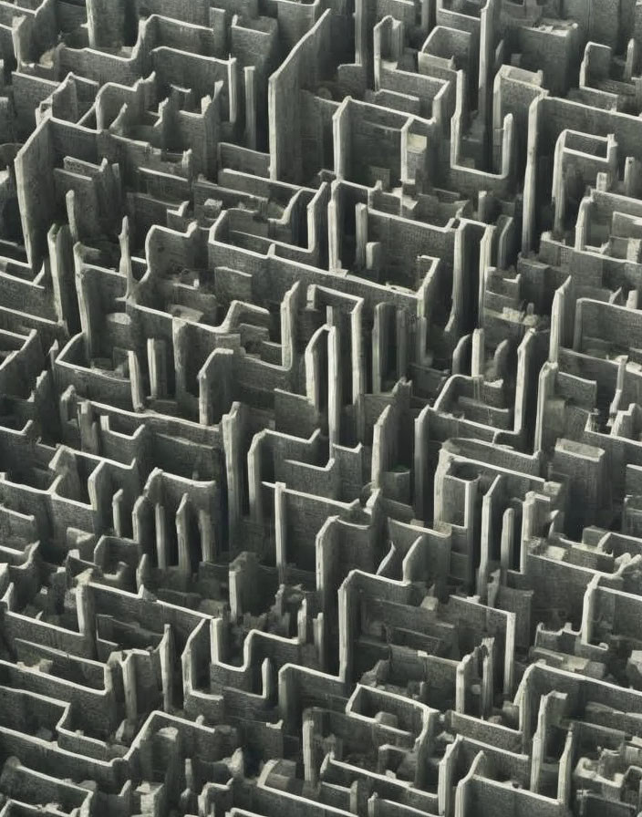 Complex 3D maze with tall walls in aerial view