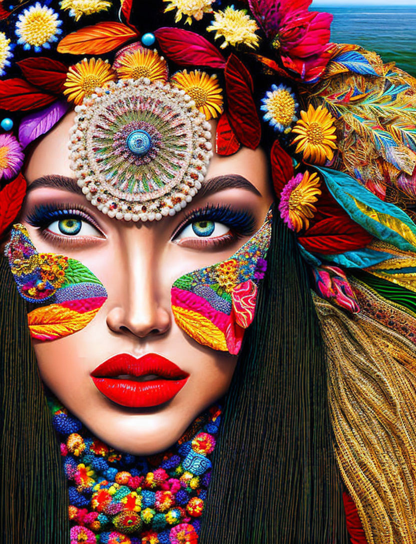 Colorful portrait of a woman with floral decorations and face paint.