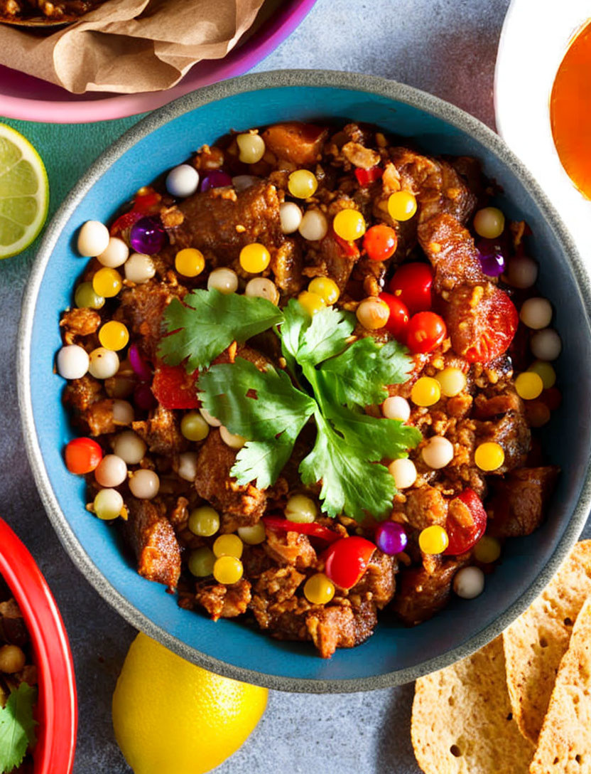 Colorful Bowl of Chili with Beef, Beans, Tomatoes, Corn, Peppers, Cil