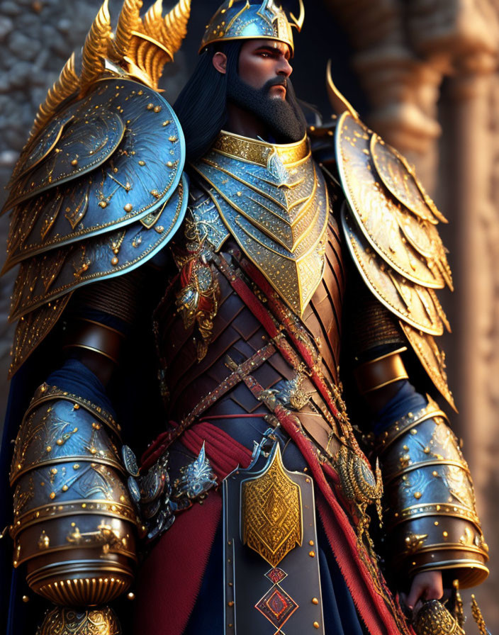 Regal figure in ornate golden armor exudes noble authority