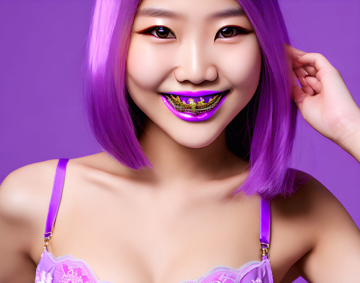 Purple-haired person with gold teeth smiles on lavender background