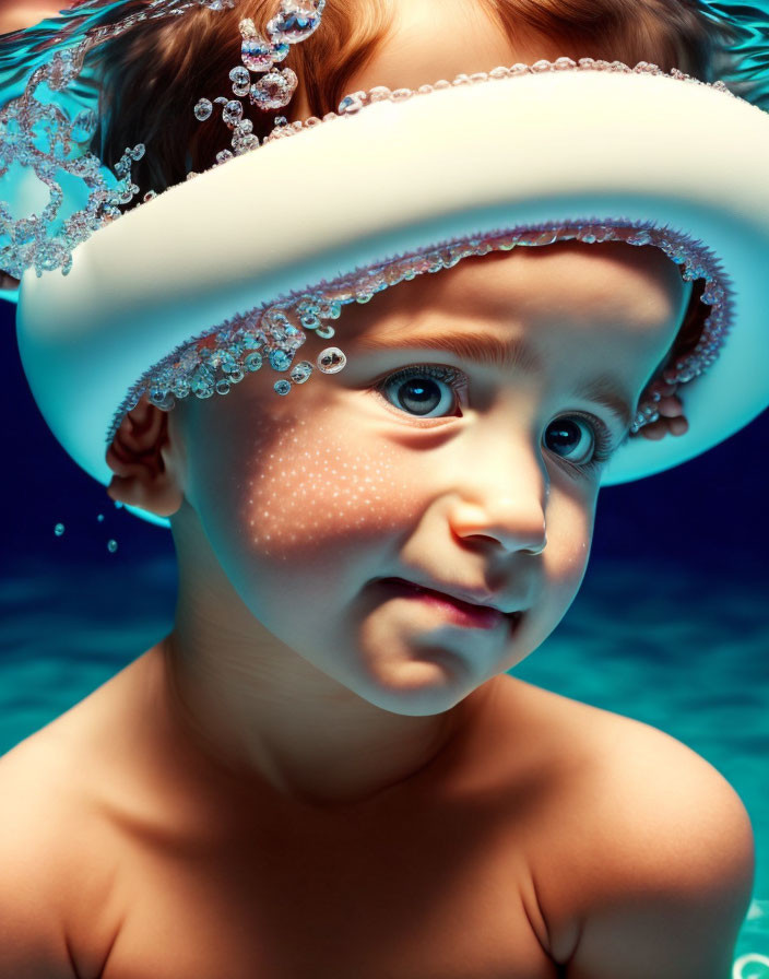 Whimsical toddler in bubble hat underwater with warm glow