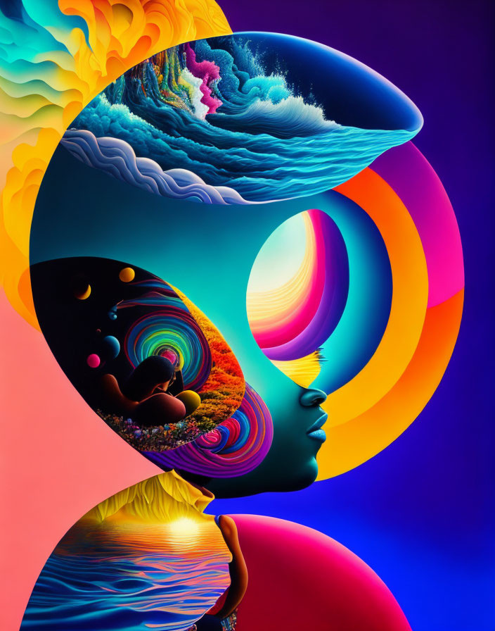 Colorful surreal illustration of two silhouetted profiles with vibrant psychedelic patterns and landscapes.