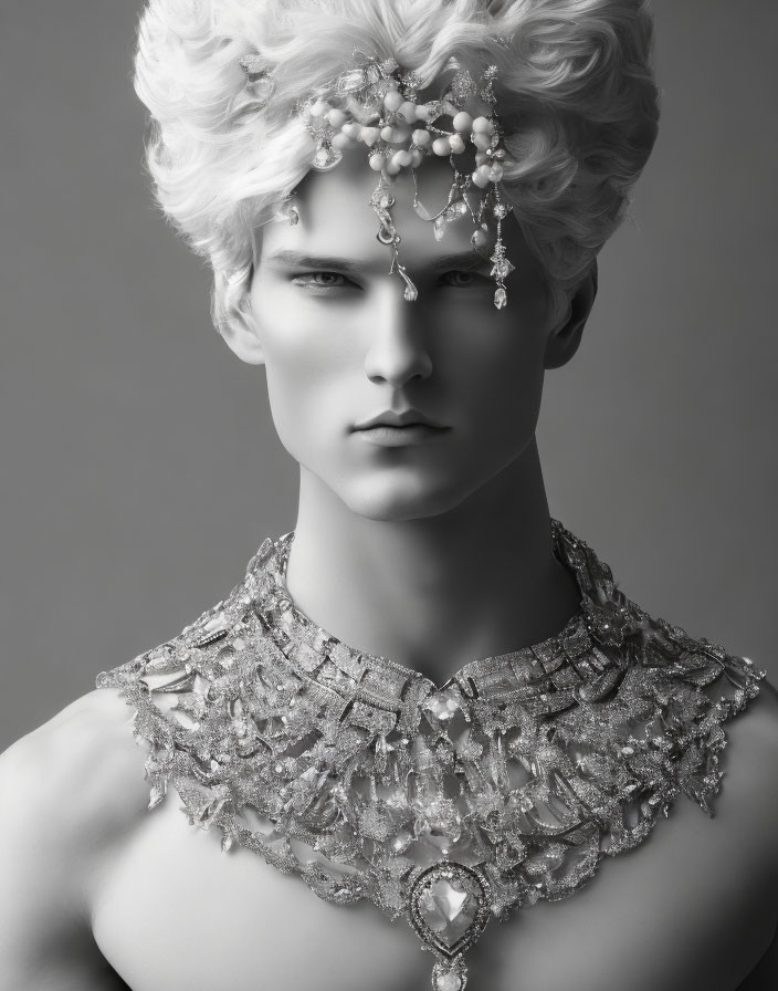 Monochrome portrait of a person with ornate headdress and embellished collar