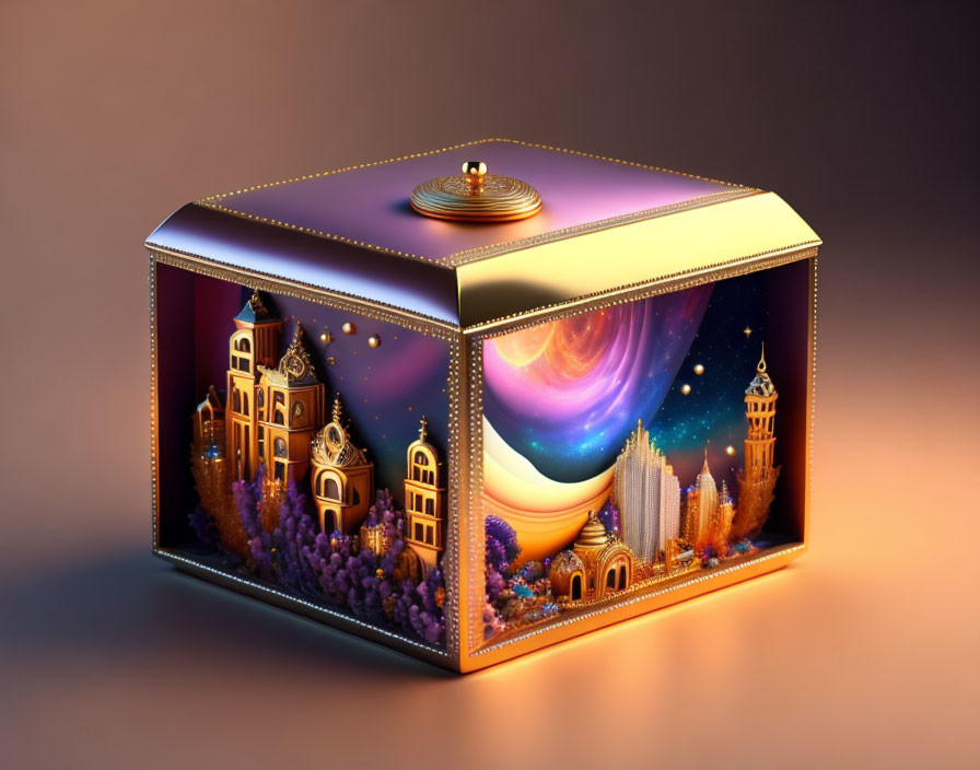 Celestial-themed cubic music box with architectural elements and cosmic background