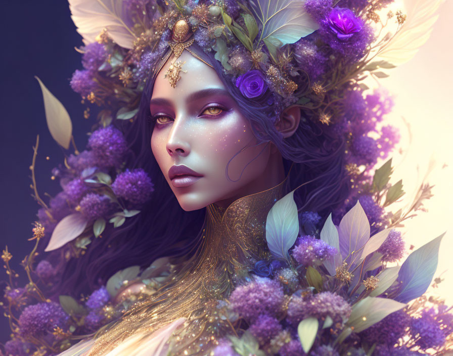 Fantasy illustration of woman with floral crown & jewelry, purple hues, mystical ambiance