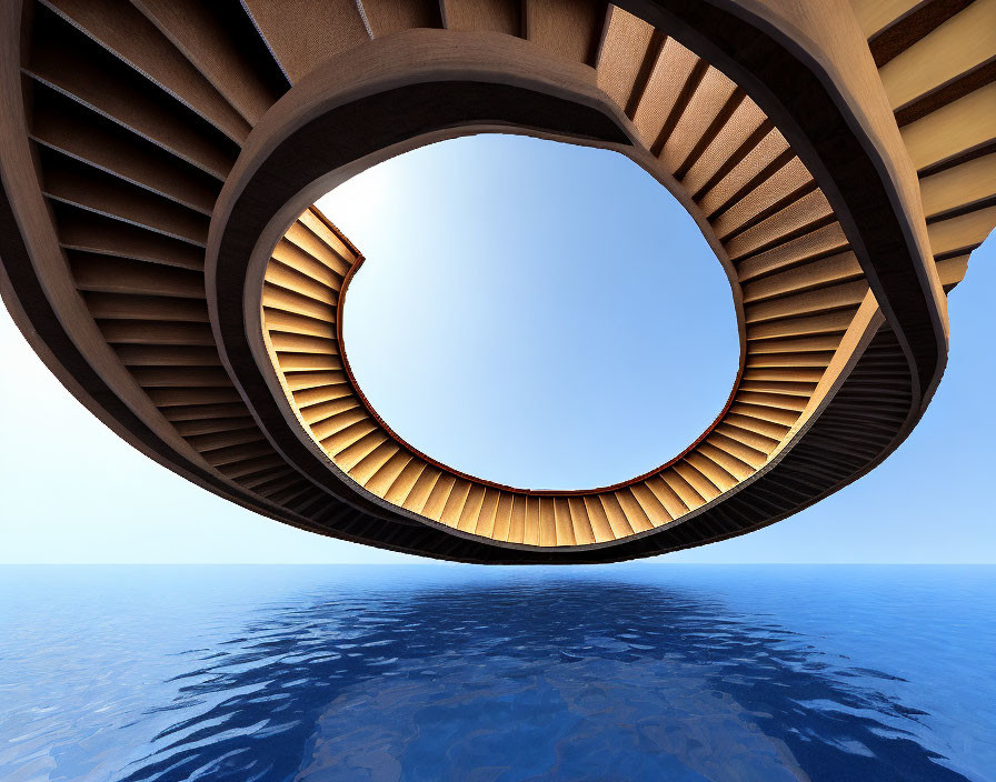 Circular Wooden Interior Over Calm Blue Ocean