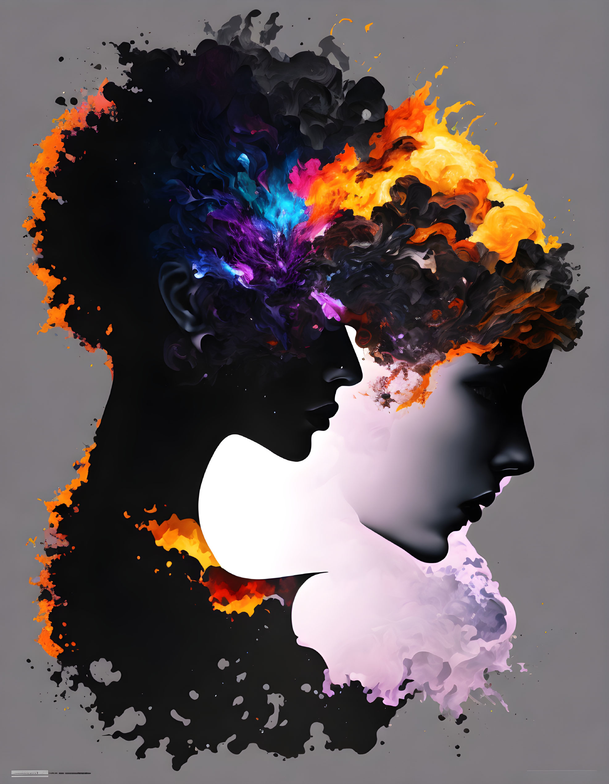 Vibrant Silhouetted Profiles with Fiery Colors on Gray Background