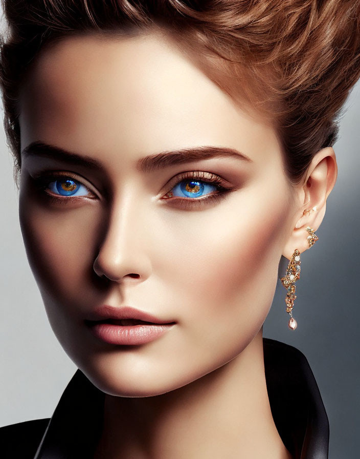 Portrait of a woman with blue eyes, elegant earrings, and updo hairstyle