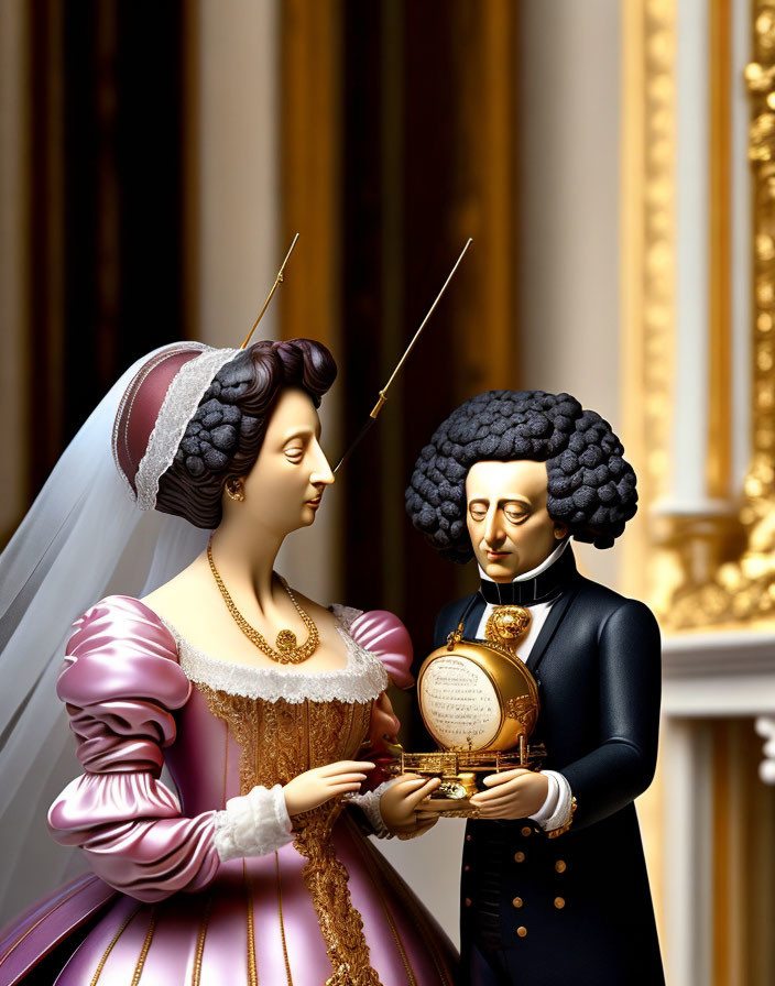 Porcelain figurines in historical attire with lady in pink dress and gentleman in black suit holding golden object