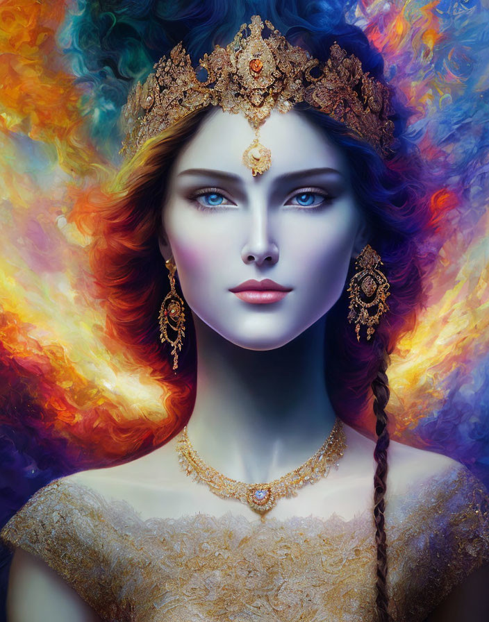 Portrait of woman with crown, blue eyes, vibrant colors, and gold jewelry