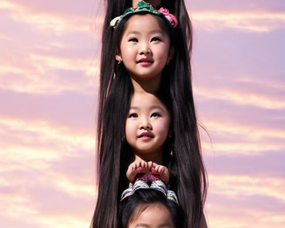 Four girls in playful totem-pole formation under vibrant sunset.