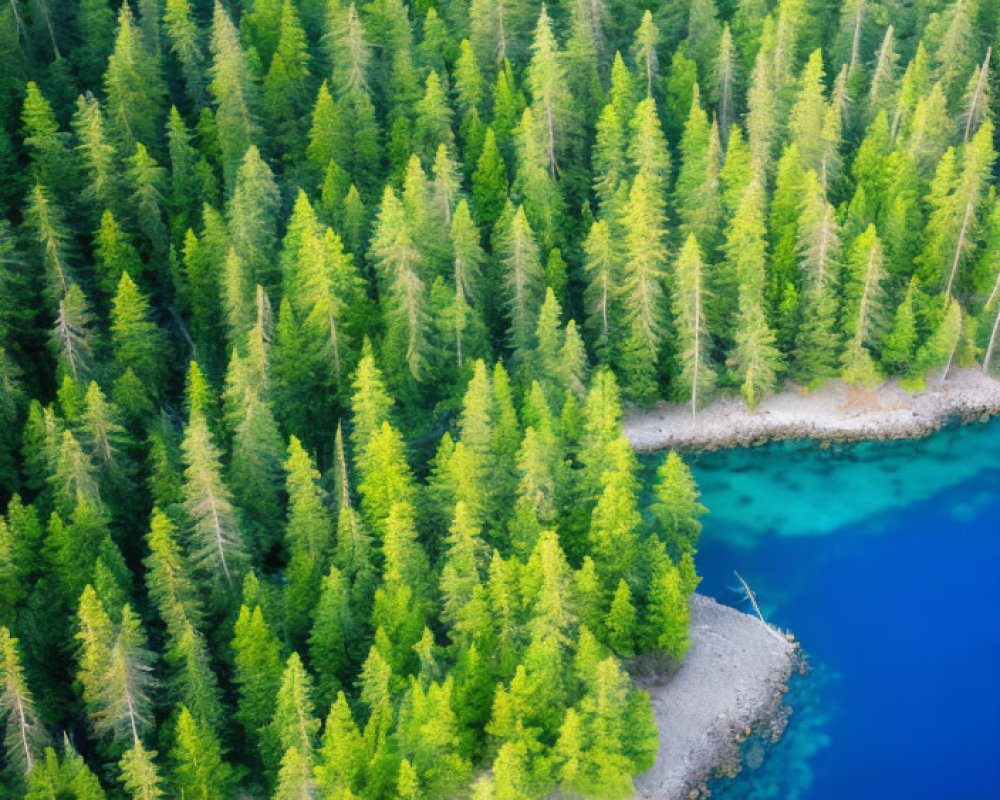 Scenic Aerial View of Lush Pine Forest and Turquoise Shoreline