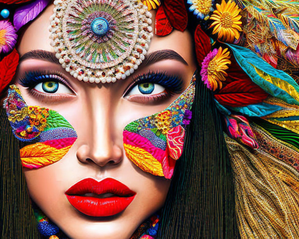 Colorful portrait of a woman with floral decorations and face paint.