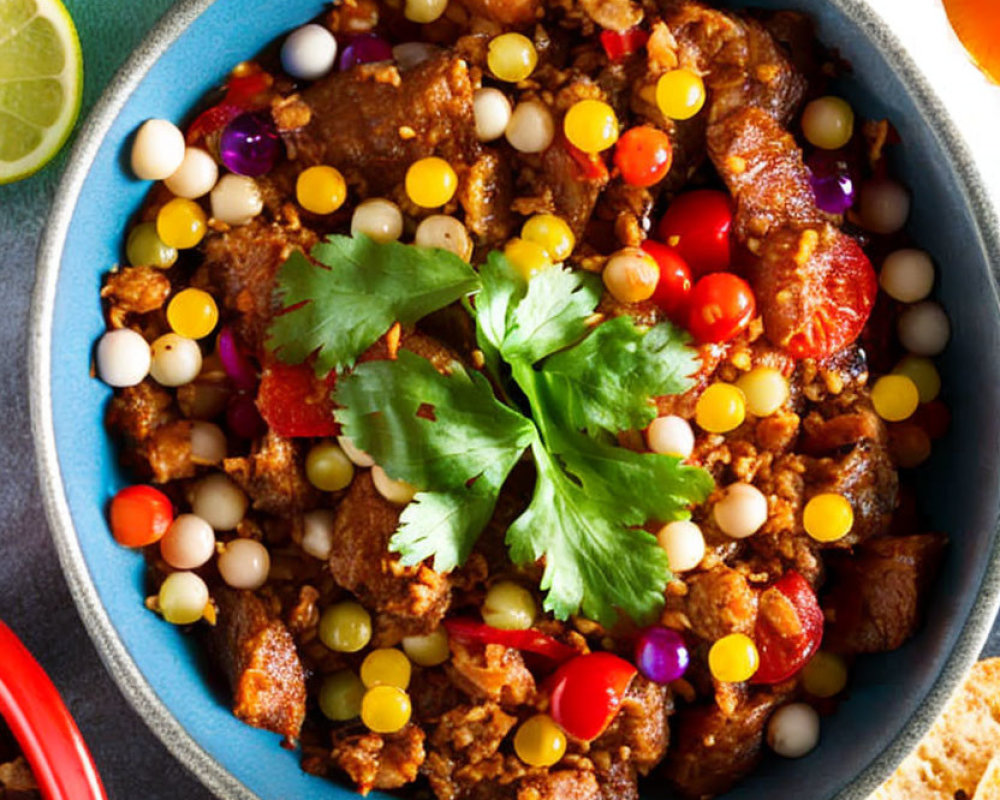 Colorful Bowl of Chili with Beef, Beans, Tomatoes, Corn, Peppers, Cil