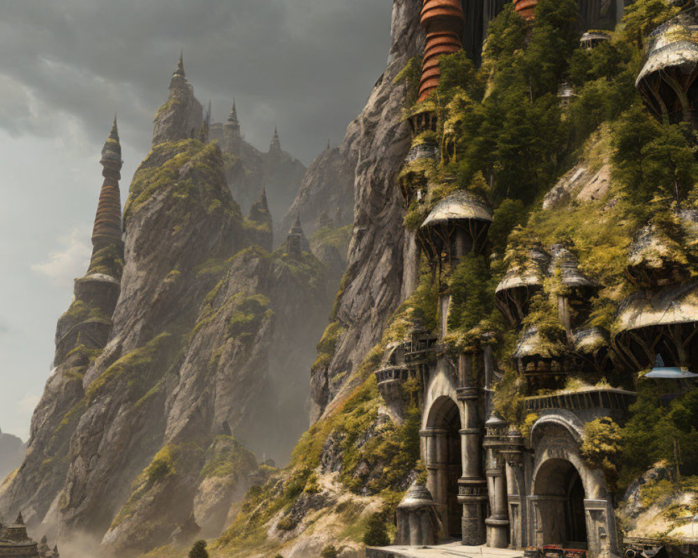 Fantasy castle with tall spires on cliffside in misty setting