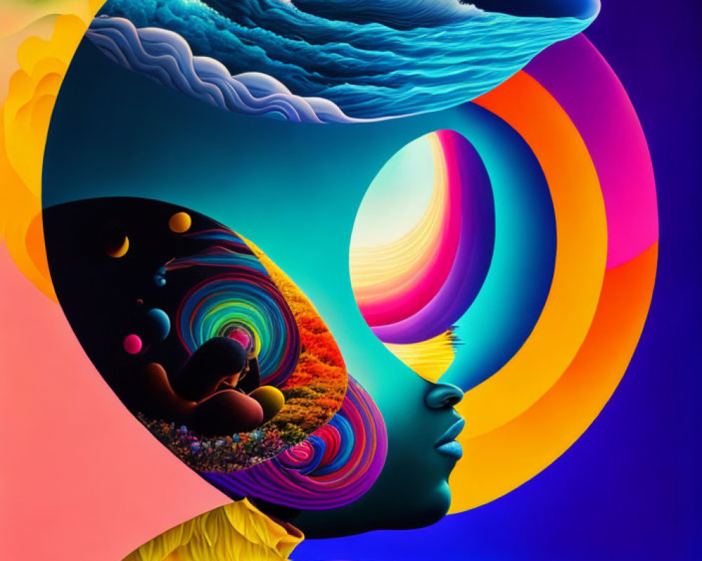 Colorful surreal illustration of two silhouetted profiles with vibrant psychedelic patterns and landscapes.