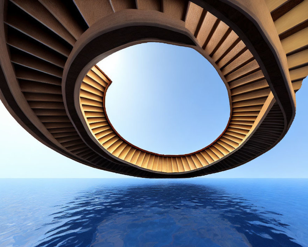 Circular Wooden Interior Over Calm Blue Ocean