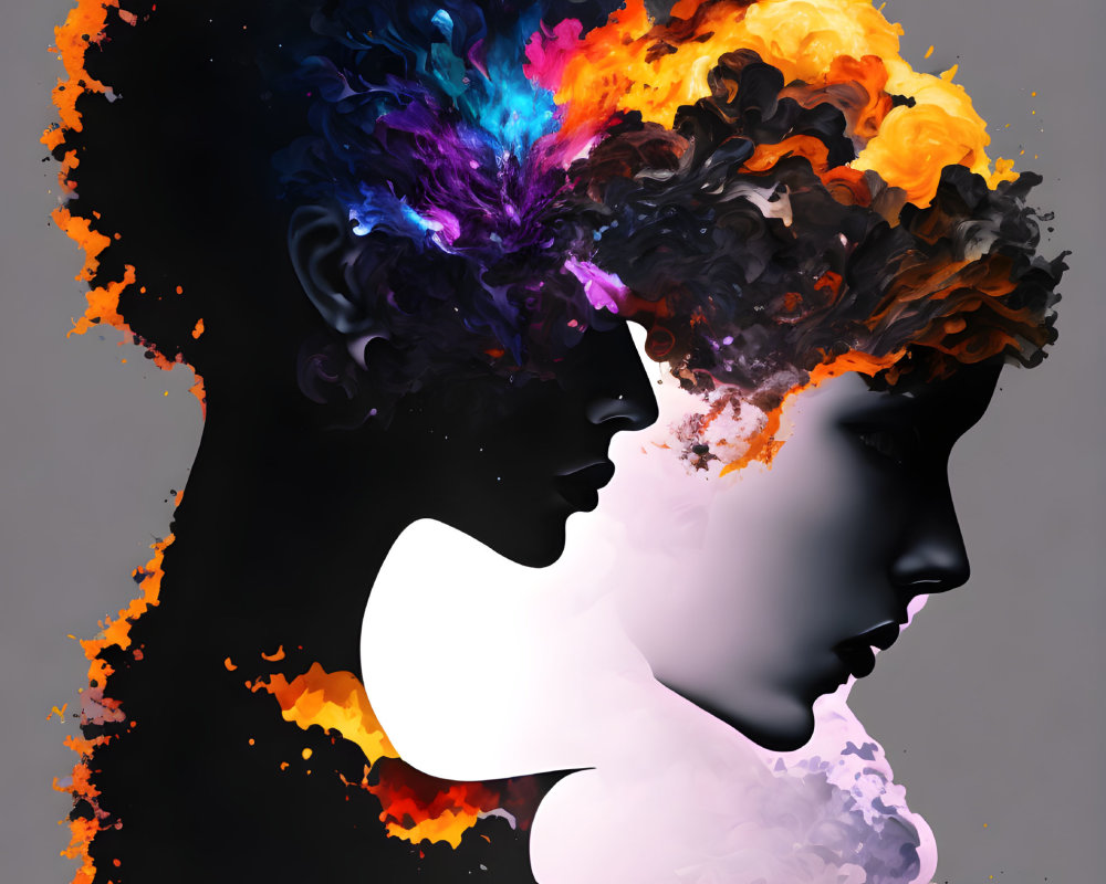 Vibrant Silhouetted Profiles with Fiery Colors on Gray Background