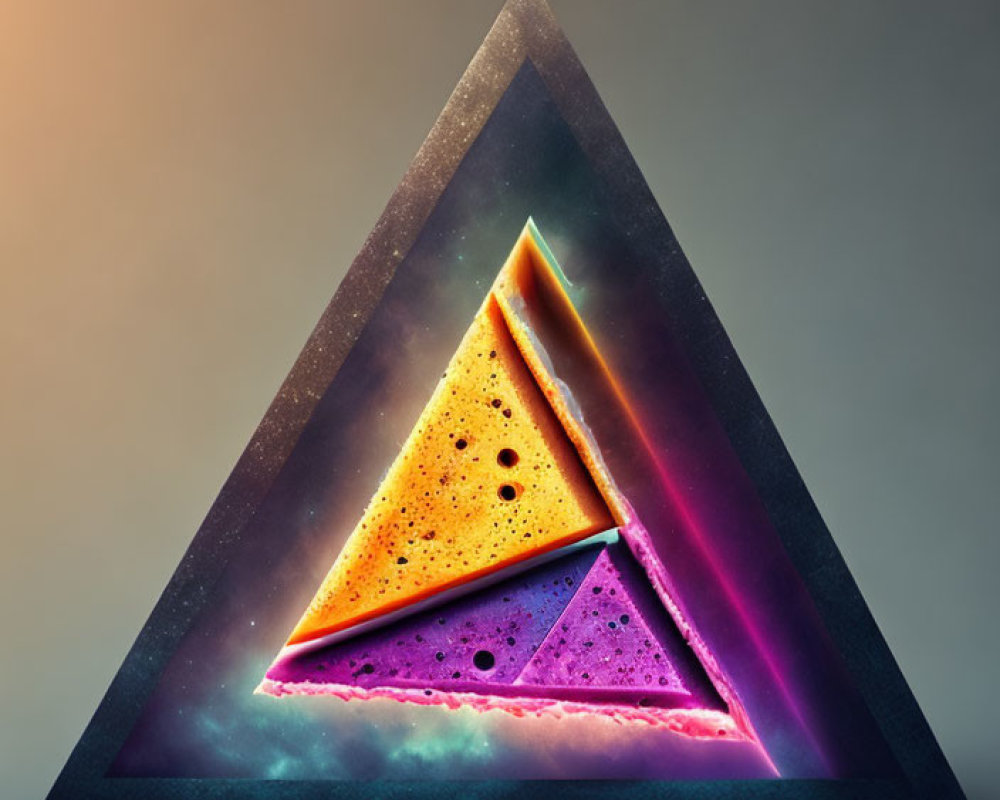 Triangular Artwork with Cosmic Neon Textures on Neutral Background