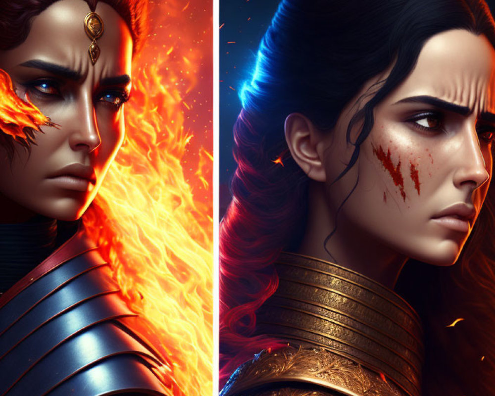 Stylized female warriors: one fiery, the other calm with bloodstains, both armored