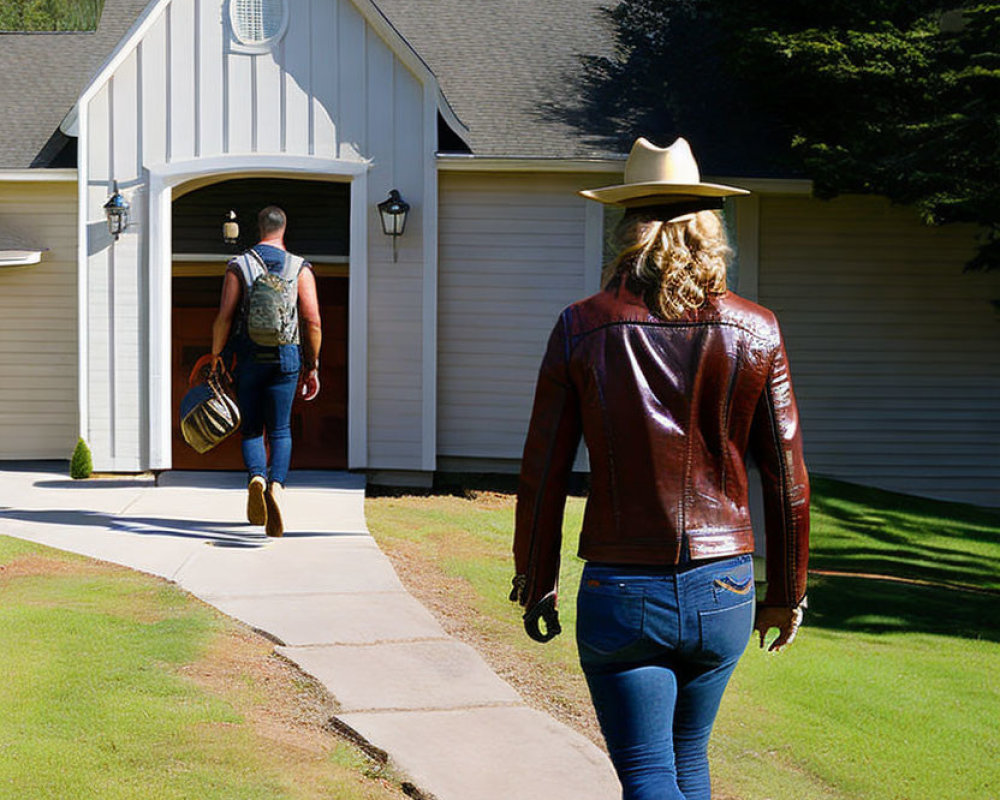 Woman in brown leather jacket and jeans walking towards building under clear blue sky.