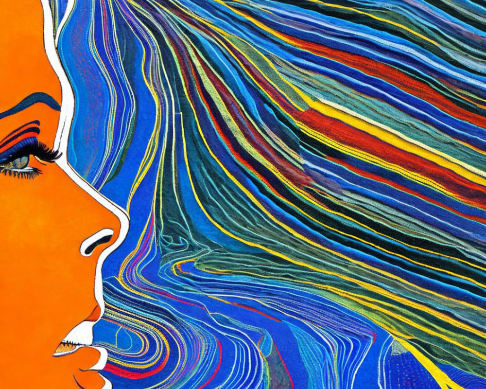 Colorful Abstract Painting: Face Profile with Flowing Hair