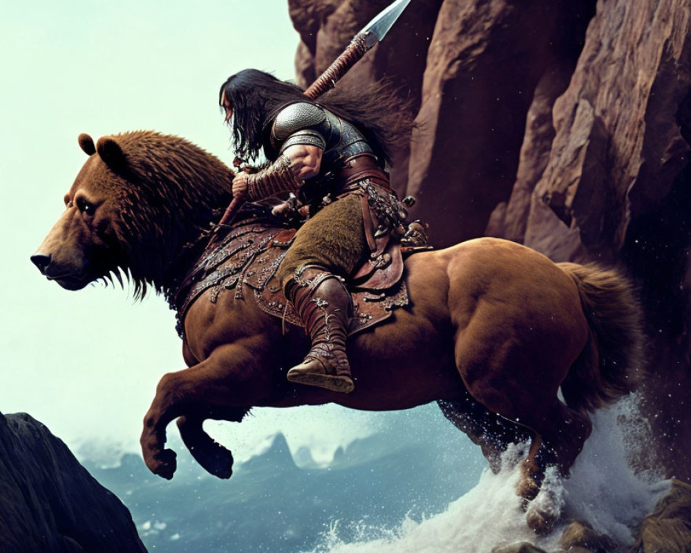 Warrior in armor rides bear-lion hybrid, wielding sword over rocky chasm