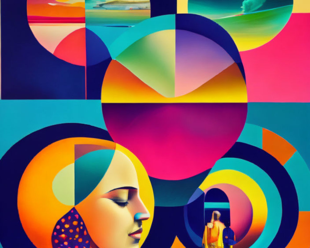 Vibrant Abstract Artwork: Geometric Shapes, Woman's Profile, Scenic View