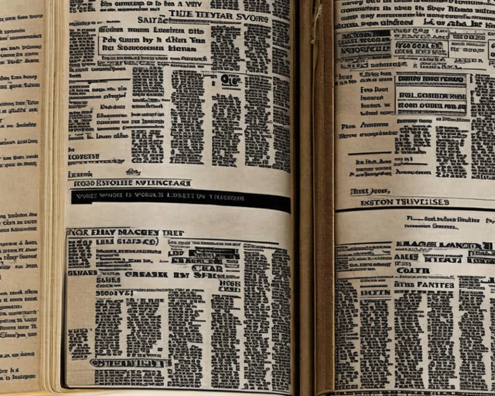 Vintage open book with densely packed text columns and various titles and headings