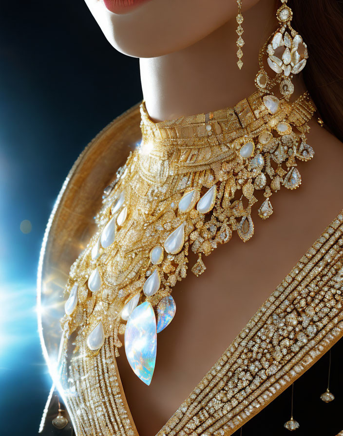 Detailed Close-up of Woman in Elaborate Gold Jewelry