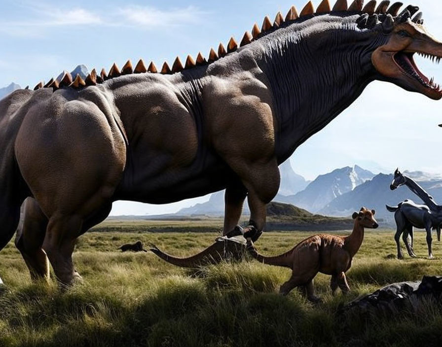 Realistic digital dinosaurs with mountain backdrop and modern horses