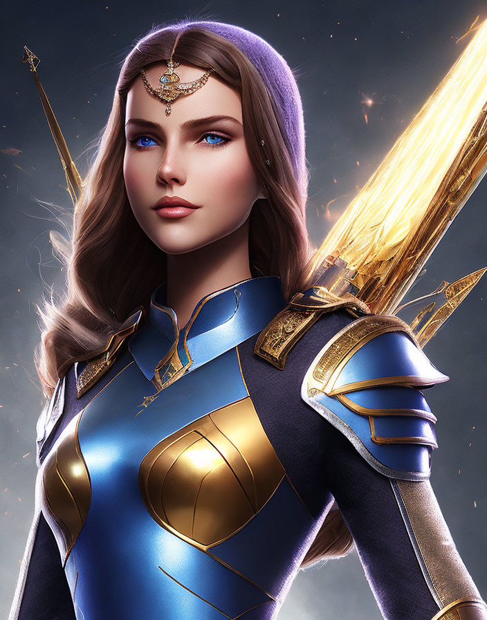 Fantasy warrior woman with glowing sword in blue and gold armor