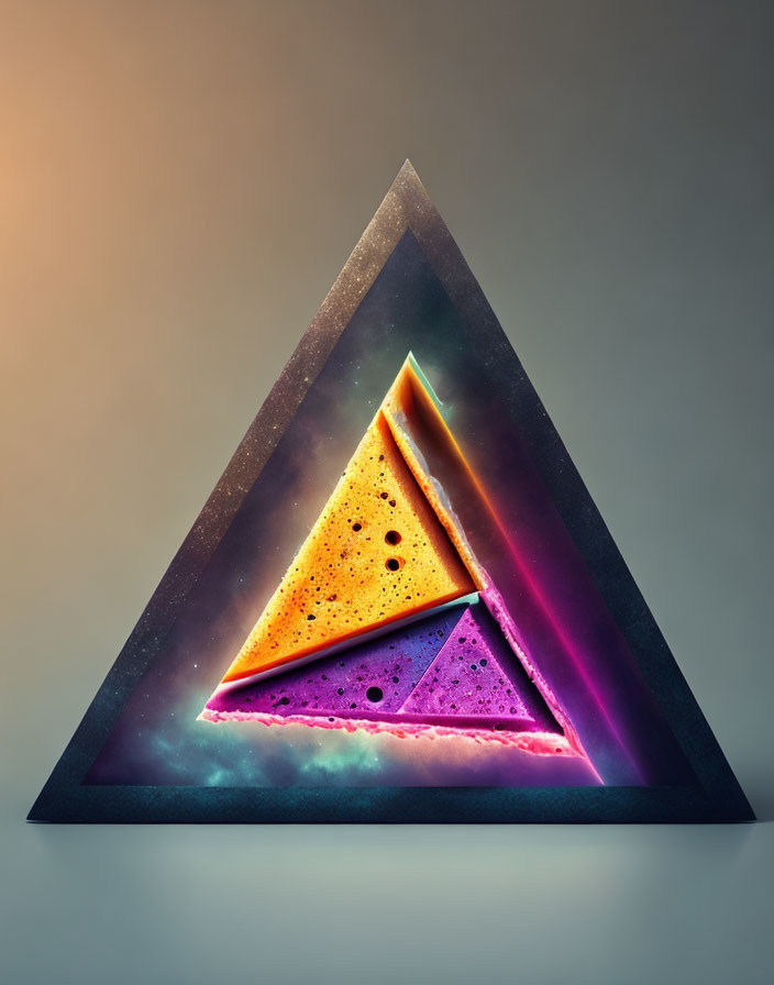 Triangular Artwork with Cosmic Neon Textures on Neutral Background