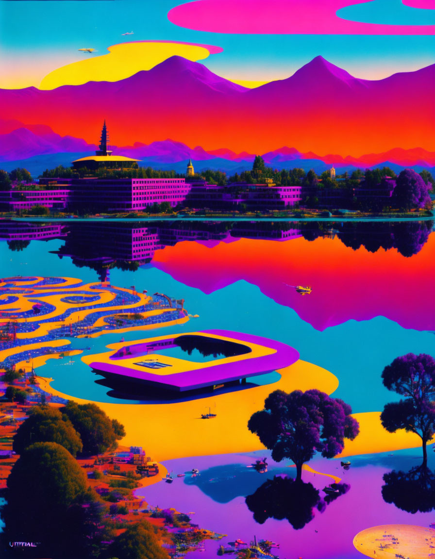 Vivid Asian landscape at sunset with lake, pagoda, mountains, boats