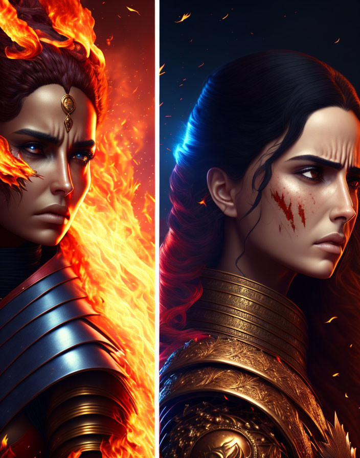 Stylized female warriors: one fiery, the other calm with bloodstains, both armored