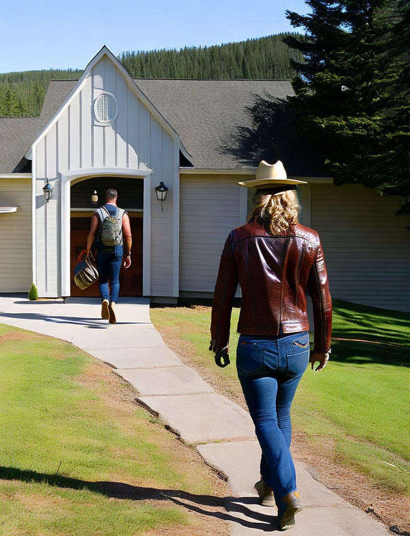 Woman in brown leather jacket and jeans walking towards building under clear blue sky.