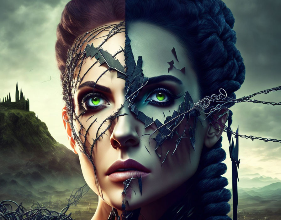 Digital artwork featuring woman with cracked skin, green eyes, barbed wire, and castle landscape.