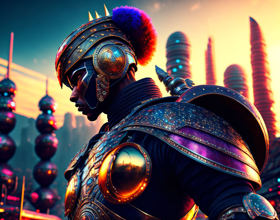 Futuristic warrior in ornate armor against sci-fi cityscape at sunset