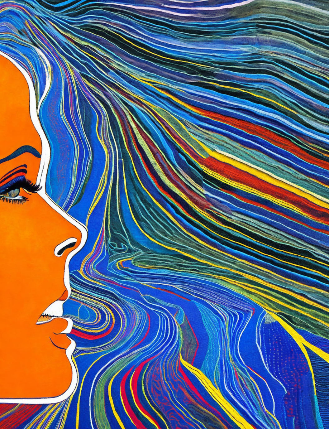 Colorful Abstract Painting: Face Profile with Flowing Hair