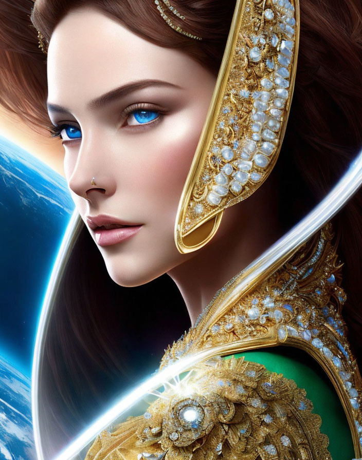 Portrait of woman with striking blue eyes and golden jewelry, holding glowing sword against cosmic backdrop