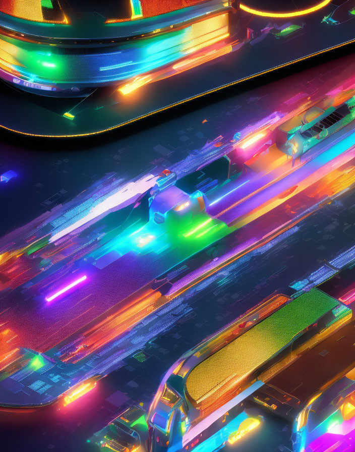 Futuristic neon-lit cityscape with speeding vehicles at night