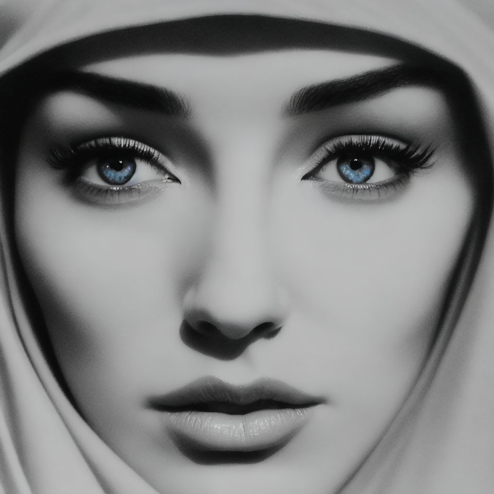 Monochrome portrait of woman with blue eyes and headscarf