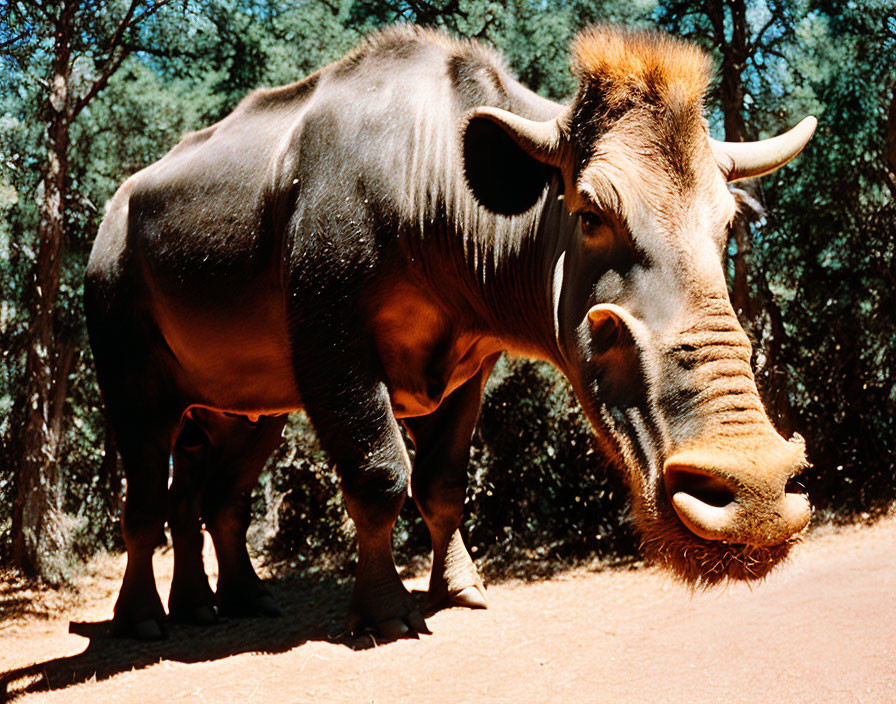 Brown and Black Wildebeest in Sunlit Forest