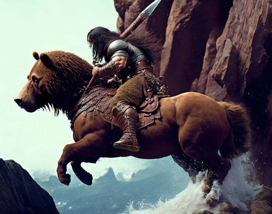 Warrior in armor rides bear-lion hybrid, wielding sword over rocky chasm