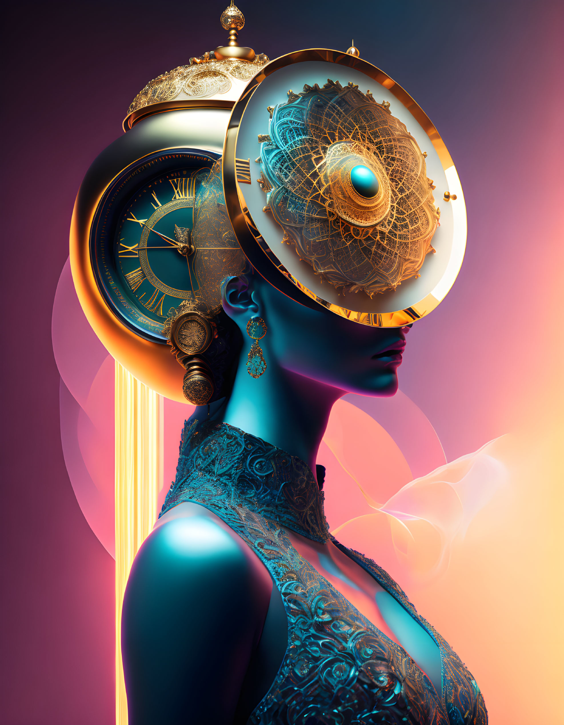 Surrealist portrait blending woman's silhouette with clockwork and cosmic elements