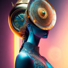 Surrealist portrait blending woman's silhouette with clockwork and cosmic elements