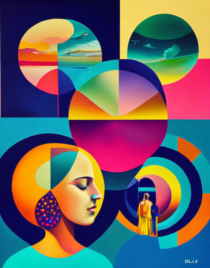 Vibrant Abstract Artwork: Geometric Shapes, Woman's Profile, Scenic View